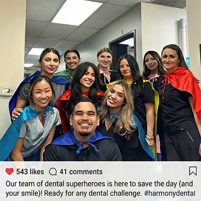 The friendly Pure Cypress Dentist team dressed up in creative costumes, celebrating together at our office Halloween party